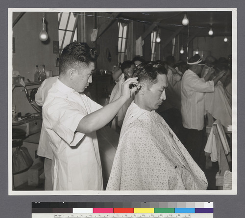 [Barber cutting hair]