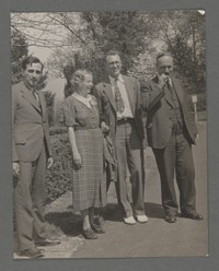 [L to R: E. Teller(?), Maria Goeppert Mayer, Joseph Mayer, J Franck.]