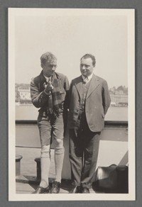 [Physics conference, outing group including George Gamow on left and Wolfgang Ernst Pauli on right, Switzerland?]