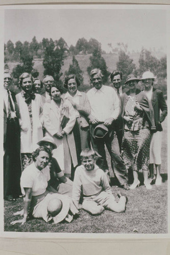 Will Rogers family and the Fred Stone family on the polo field of Rogers ranch in Rustic Canyon, August, 1935