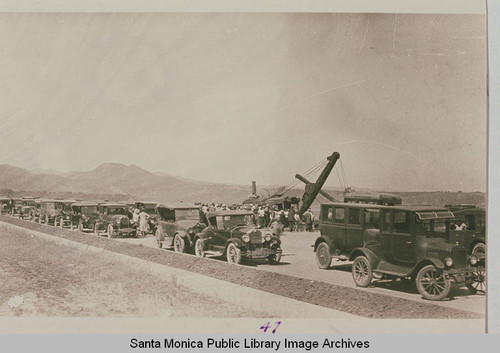 Cars lined up at the ceremonies marking the completion of grading on Beverly (later Sunset) Blvd. from Los Angeles to Pacific Palisades, August 18, 1925