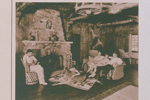 Will Rogers Family together at their ranch in Rustic Canyon (Will Rogers, Jr., Jim (with pet calf, Sara), Betty Rogers, Mary (with dog, Jacque) and Will Rogers) appearing in an article for "Pictorial California Magazine."