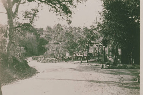 Oak trees and Crafsman railings along a path in Assembly Camp, Temescal Canyon, Calif