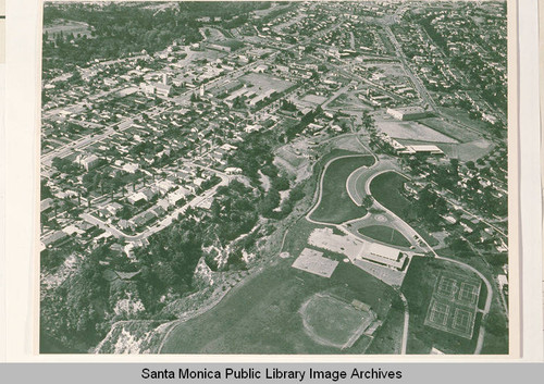 Aerial view of downtown Pacific Palisades, Calif