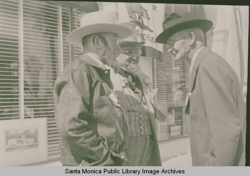 Three men in western costume, Fiesta Day, Pacific Palisades, Calif