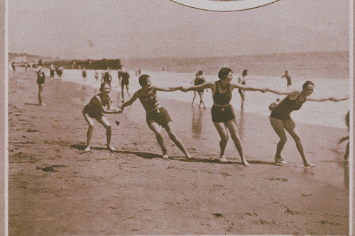 Bathing beauties on Santa Monica Beach appearing in an article for "Pictorial California Magazine."