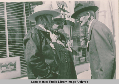 Three men in western costume, Fiesta Day, Pacific Palisades, Calif