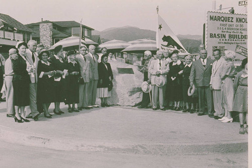 Laying of the Marquez plaque at entrance to Marquez Knolls on Marquez Avenue in Pacific Palisades on September 13, 1953