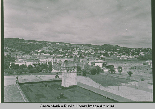 Looking down from a school tower north toward the Pacific Palisades Business Block