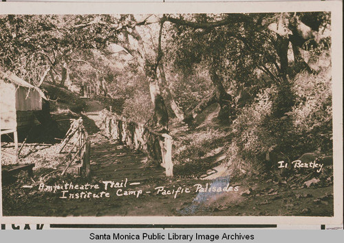 Amphitheater Trail at the Institute Camp surrounded by trees of sycamore, oak and eucalyptus, Temescal Canyon, Calif