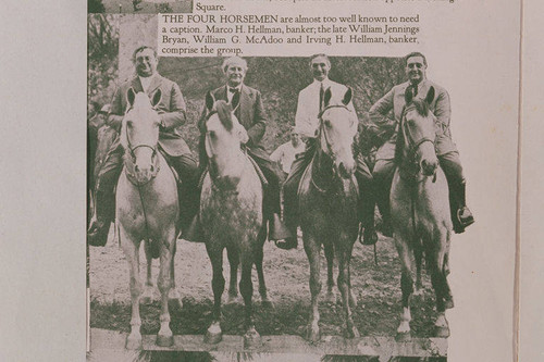 Marco H. Hellman, William Jennings Bryan, William G. McAdoo and Irving H. Hellman on horseback in Pacific Palisades