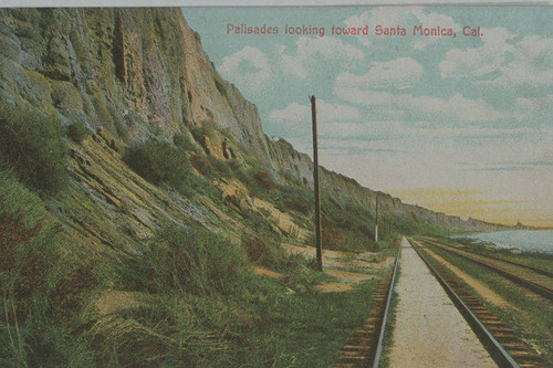 Railroad tracks along the coast in the Palisades looking toward Santa Monica, Calif