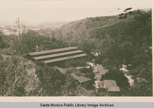 Looking down from Temescal Canyon is a view of the Tabernacle on the left, classrooms on the right and a bell tower in the background