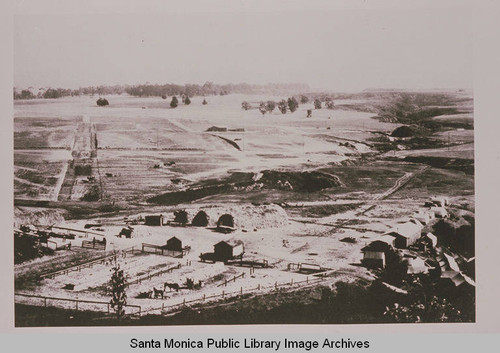 Potrero Canyon, Pacific Palisades, Calif. showing the Pendergrass Grading Camp in the foreground