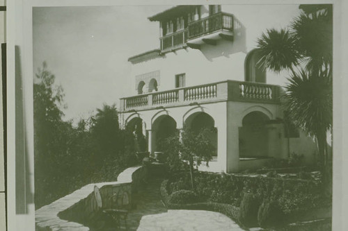 Detail of the porch and grounds at Villa Aurora on Paseo Miramar in Pacific Palisades