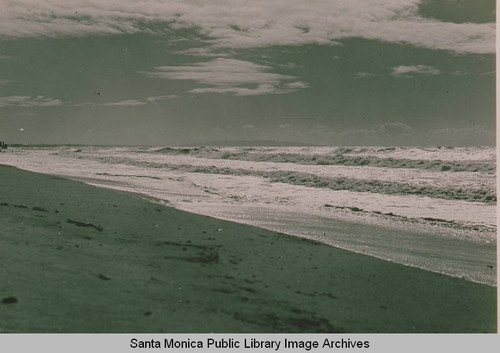 Surf line looking from the bluff facing south, Pacific Palisades, Calif