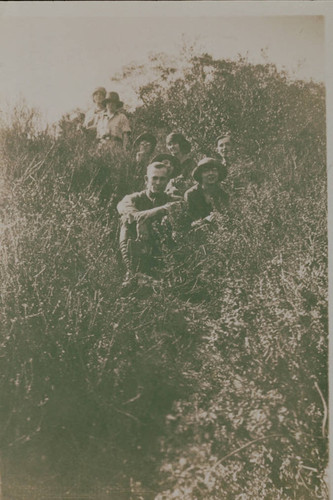 Hiking in Temescal Canyon, front to back: Russ Stadler, Ethel Sprague, Sue Cort, Odessa Hutchinson, Dave Stadler, Dorothy White, and the niece of Ethel Sprague