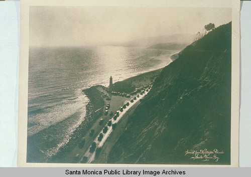 Lighthouse and Pacific Coast Highway at the site of the old Santa Monica Long Wharf