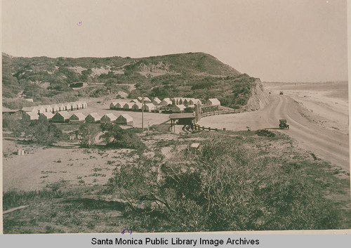 Tents on the Pacific Palisades Association Motor Court site across from the beach at Pacific Coast Highway