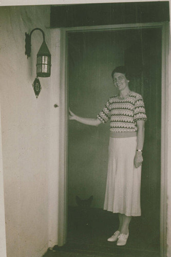 Zola Clearwater at the door of her home on Via de la Paz in Pacific Palisades, Calif