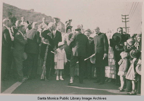 Governor Frank Merriam at the ribbon cutting ceremony, Opening Day of the new and improved Pacific Coast Highway, Calif