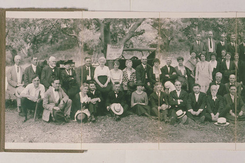 Group portrait at the Methodist Episcopal Preacher's Picnic, Los Angeles District, June 29, 1921, in Rustic Canyon, Calif