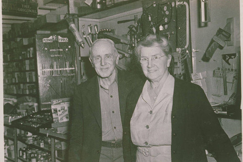 Robert Norris and a woman at Norris Hardware Store in Pacific Palisades, Calif