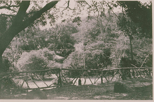 Path with railing leading to "The Glen" picnic grounds in Temescal Canyon, Calif