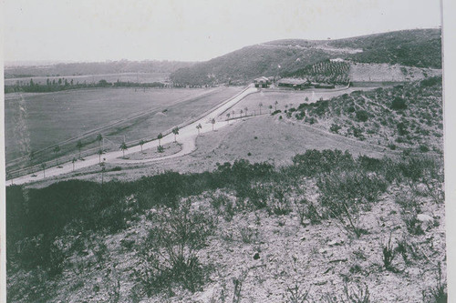 Looking toward the main house and polo field at Will Rogers State Park, Rustic Canyon, Calif