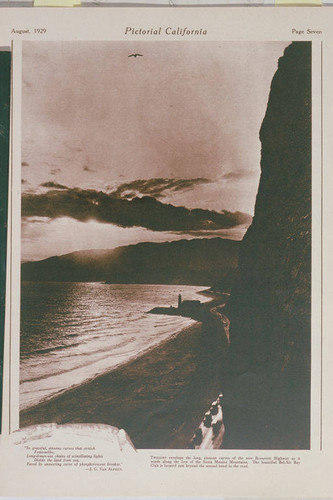 Lighthouse at sunset, looking north on Pacific Coast Highway from Pacific Palisades, appearing in an article for "Pictorial California Magazine," August, 1929