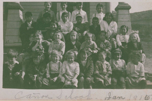 Marquez family and other children in front of Canyon School in Santa Monica Canyon