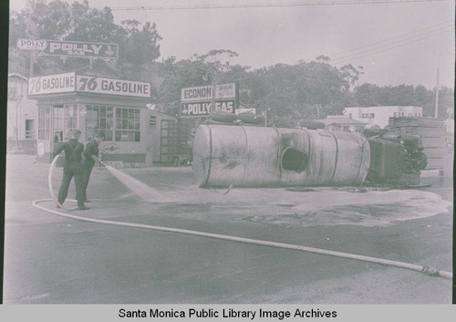 Tanker truck carrying a molasses cargo overturned on Channel Road and Pacific Coast Highway