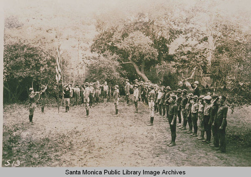 Boy Scouts raising an American flag, summer 1922, Temescal Canyon, Calif