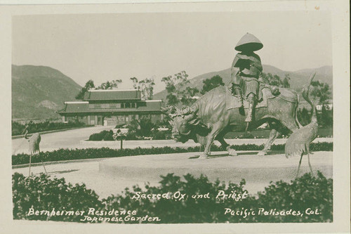 Sacred ox sculpture in the Bernheimer Gardens, Pacific Palisades, Calif