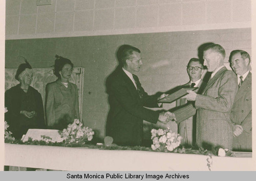 Pacific Palisades first Citizen of the Year Awards presentation with Cifford Clearwater (left) handing the award to Robert Wilson (right)