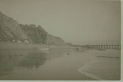 The beach with Japanese fishing village and Long Wharf in view, Santa Monica, Calif