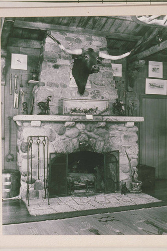 Head of a moose mounted over the fireplace in the main house at Will Rogers State Park, Rustic Canyon, Calif