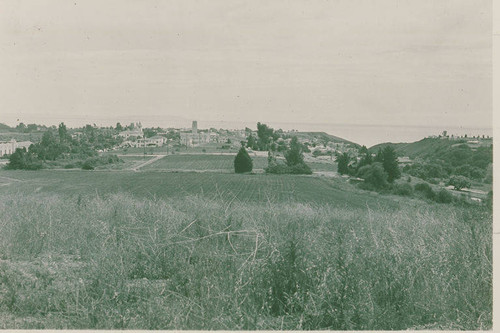 Looking south across a field towards Pacific Palisades, Calif