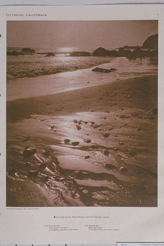 Beach scene at sunset near Santa Monica Canyon appearing in an article for "Pictorial California Magazine."