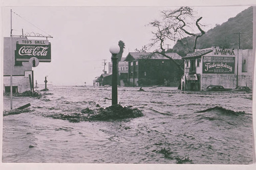 Santa Monica Canyon flood damage with Ted's Grill on the left