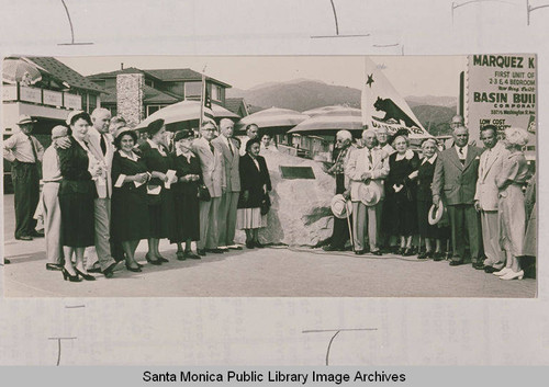 Laying of the Marquez plaque at entrance to Marquez Knolls on Marquez Avenue, Pacific Palisades, Calif