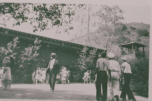 People milling around the Tabernacle in Temescal Canyon, Calif