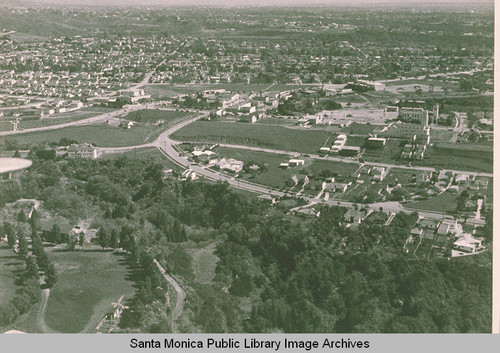 Aerial view of downtown Pacific Palisades with Temescal Canyon in the foreground