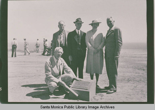 Dedication of stone monument with plaque in Pacific Palisades