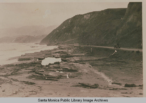 View of Pacific Coast Highway after a severe storm looking west from the area where Via de la Paz meets the Highway