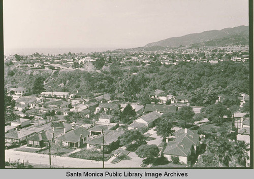 Looking down on Haverford Avenue with Temescal Canyon in the background