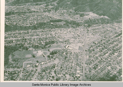 Aerial view of downtown Pacific Palisades looking west