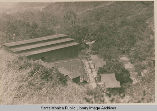 Looking down from Temescal Canyon with a view of the Tabernacle on the left and classrooms on the right and Sycamores in the foreground