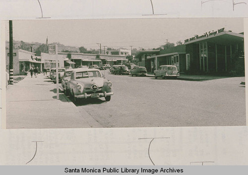 Swarthmore Avenue during construction of the Santa Monica Commercial and Savings Bank, Pacific Palisades, Calif