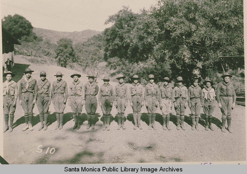 Boy Scouts posing for a portrait, summer 1922, Temescal Canyon, Calif